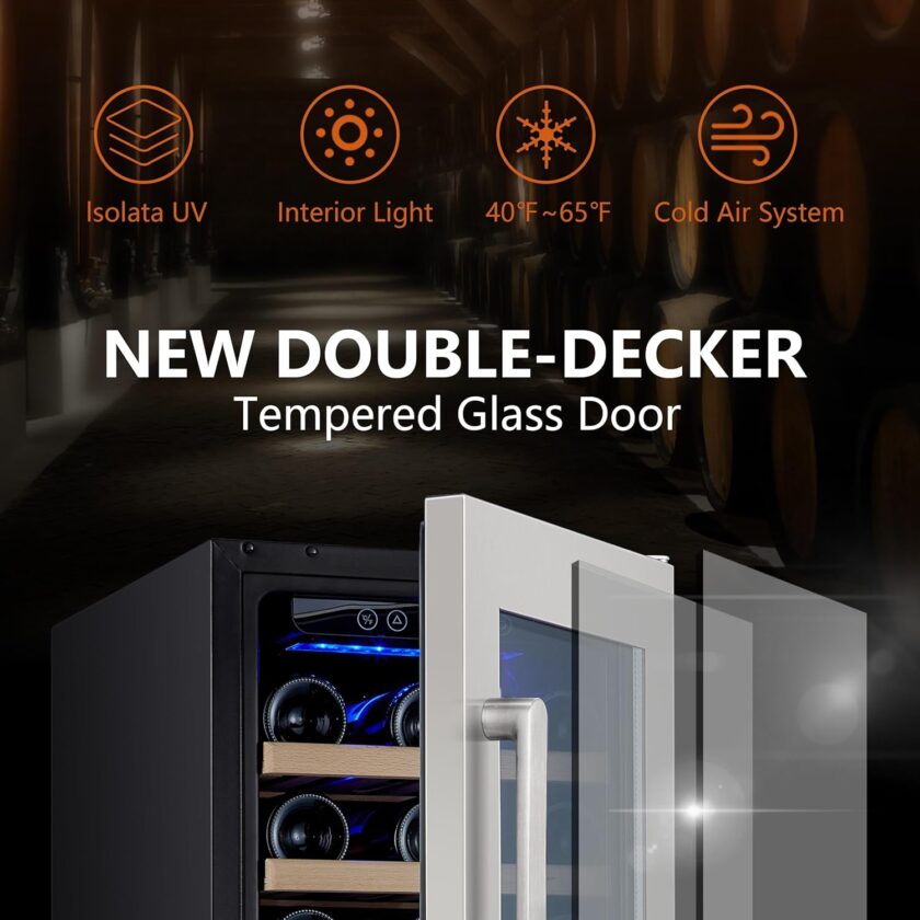 24 inch Wine Cooler, 46 Bottle - Dual Zone Built-in or Freestanding Fridge with Stainless Steel Reversible Glass Door, for Home, Kitchen, or Office. - Image 6