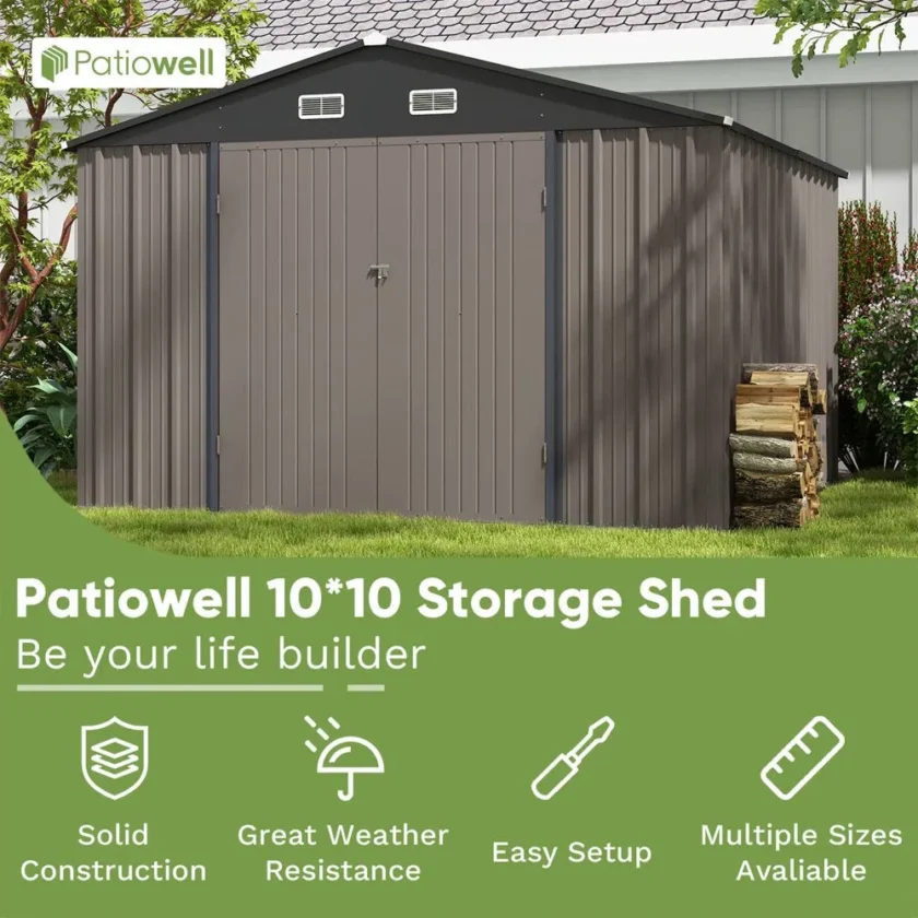 Patiowell 10 x 10 ft Outdoor Storage Metal Shed with Sloping Roof and Double Lockable Door - Image 8