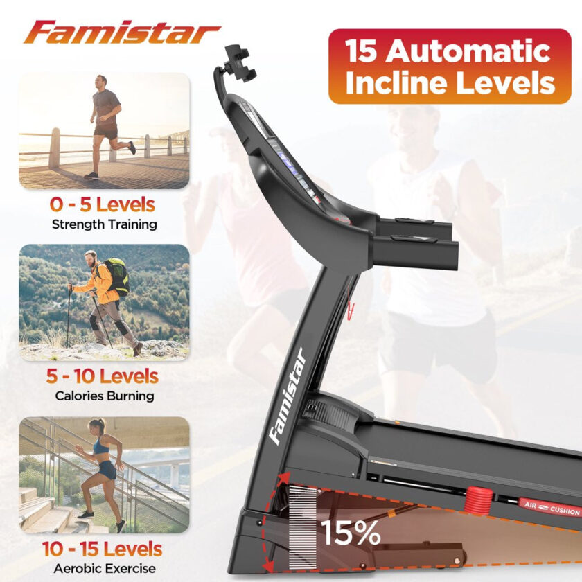 Famistar Folding Treadmill for Home with 15 Levels Auto Incline, 300LB Capcity, 10MPH Fast Speed Controls - Image 3