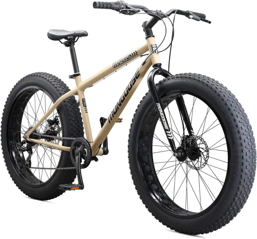 Mongoose Malus Mens and Women Fat Tire Mountain Bike, 26-Inch Bicycle Wheels, 4-Inch Wide Knobby Tires, Steel Frame, 7 Speed Drivetrain, Shimano Rear Derailleur, Disc Brakes