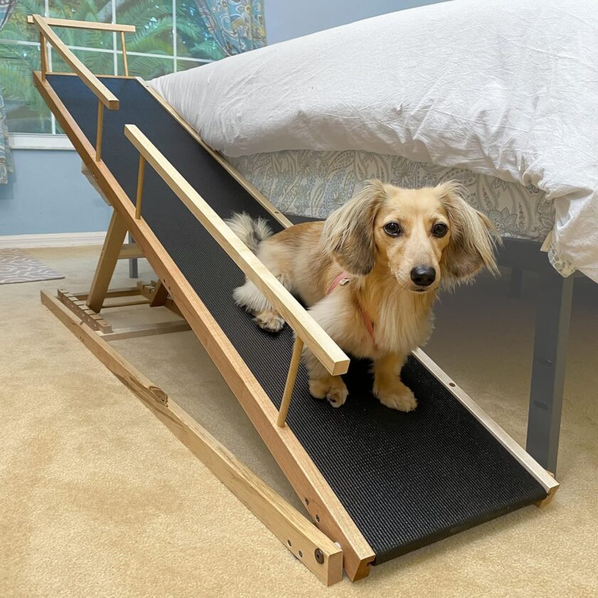 Dog Ramp for Beds - Adjustable up to 37" High Beds with Low Incline, Safety Rails & Anti-Slip Grip, for Small Dogs up to 50lbs - Solid Hardwood, Made in North America