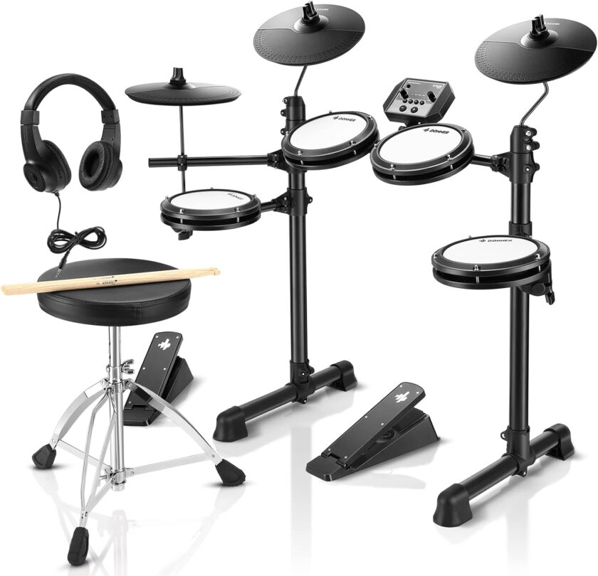 Donner DED-80 Electronic Drum Set, Electric Drum Set for Beginner with 4 Quiet Mesh Drum Pads, 2 Switch Pedal, 180+ Sounds, Throne, On-Ear Headphones, Sticks, and Melodics Lessons Included.