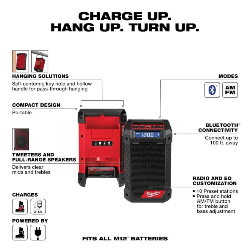 M12 12-Volt Lithium-Ion Cordless Bluetooth/AM/FM Jobsite Radio with Charger 2951-20 - Image 3