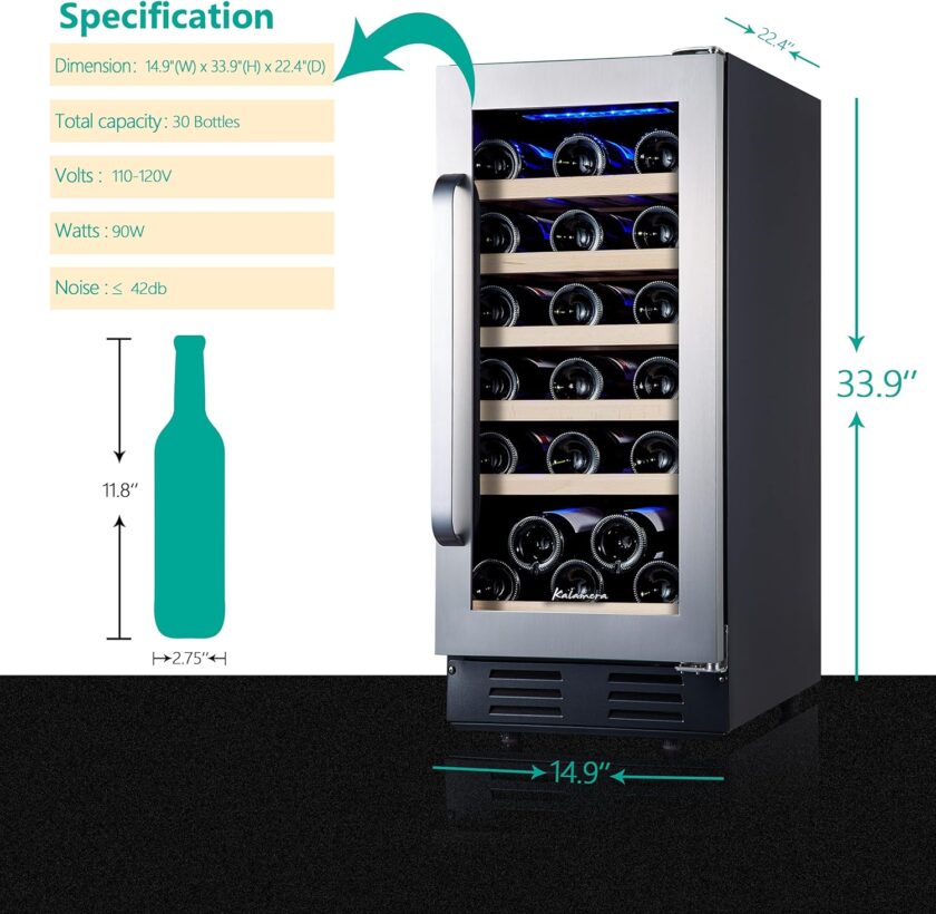 24 inch Wine Cooler, 46 Bottle - Dual Zone Built-in or Freestanding Fridge with Stainless Steel Reversible Glass Door, for Home, Kitchen, or Office. - Image 11