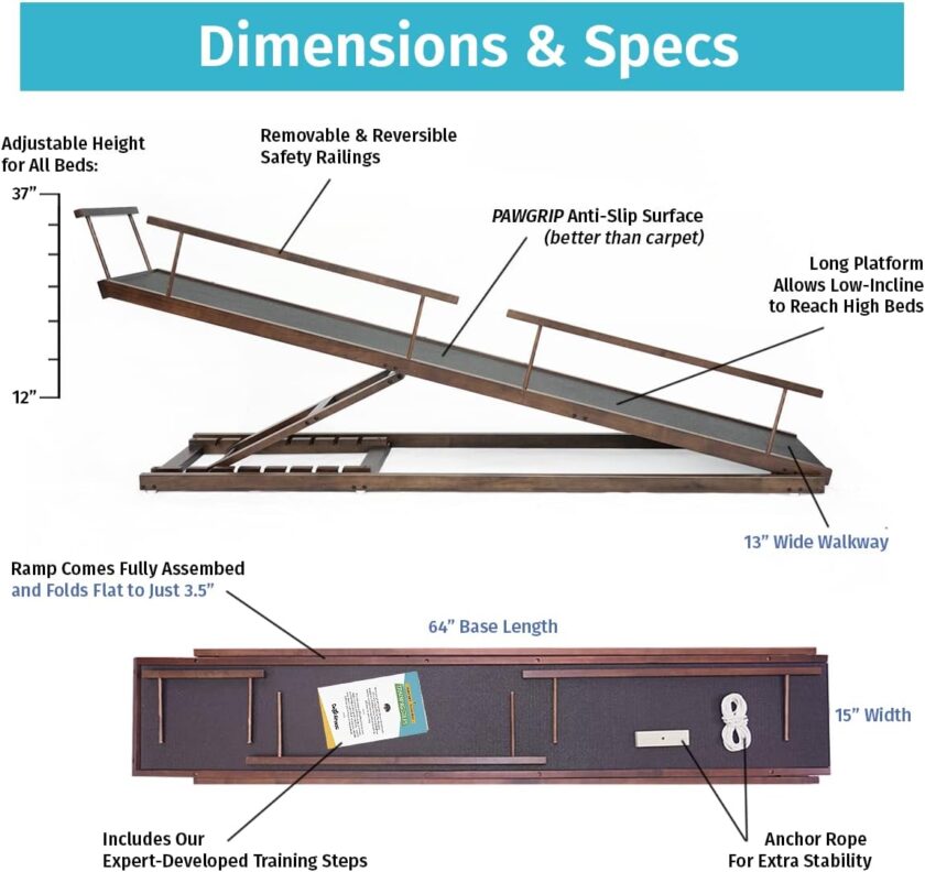 Dog Ramp for Beds - Adjustable up to 37" High Beds with Low Incline, Safety Rails & Anti-Slip Grip, for Small Dogs up to 50lbs - Solid Hardwood, Made in North America - Image 5