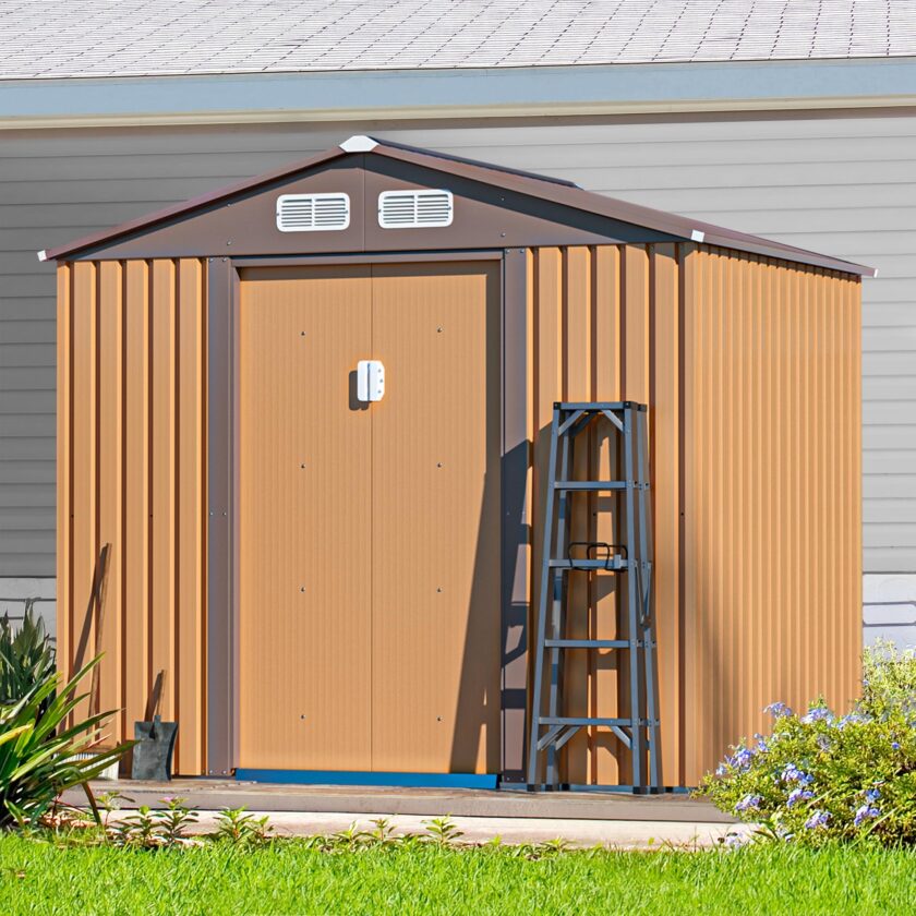 JAXPETY Sheds & Outdoor Storage 6x8 FT Garden Shed Tool Metal Outdoor Storage Shed with Sliding Doors for Backyard, Patio Coffee - Image 2