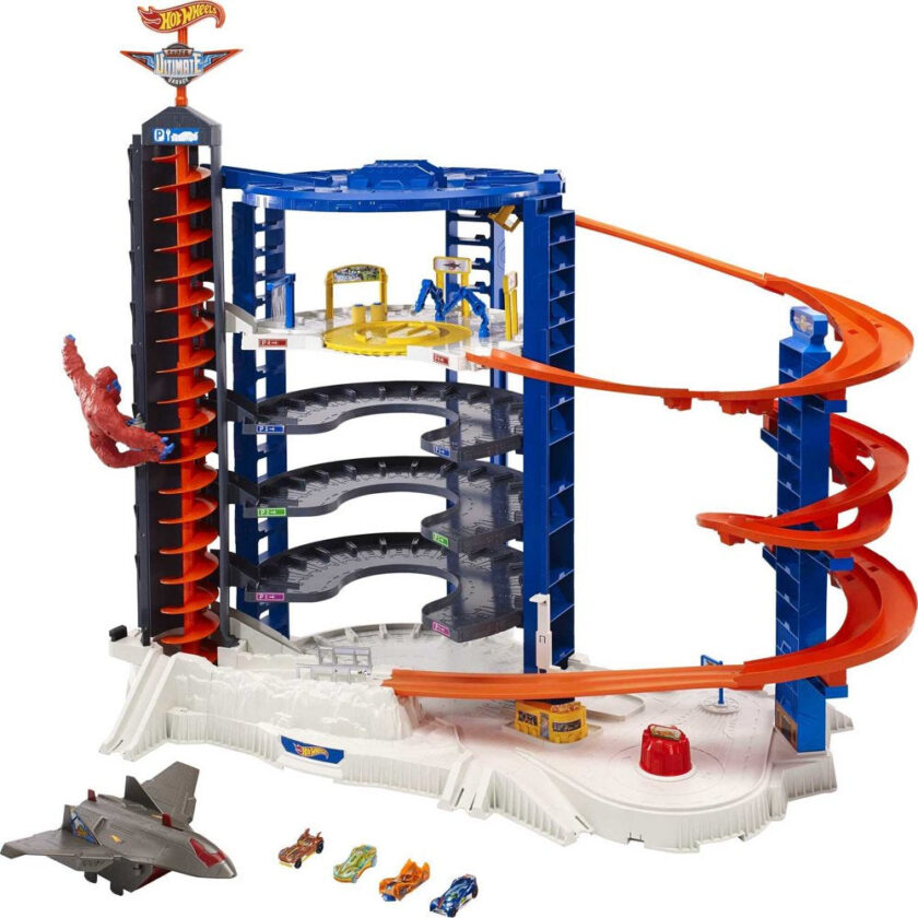 Hot Wheels Track Set with 4 1:64 Scale Toy Cars, Super Ultimate Garage, Over 3-Feet Tall