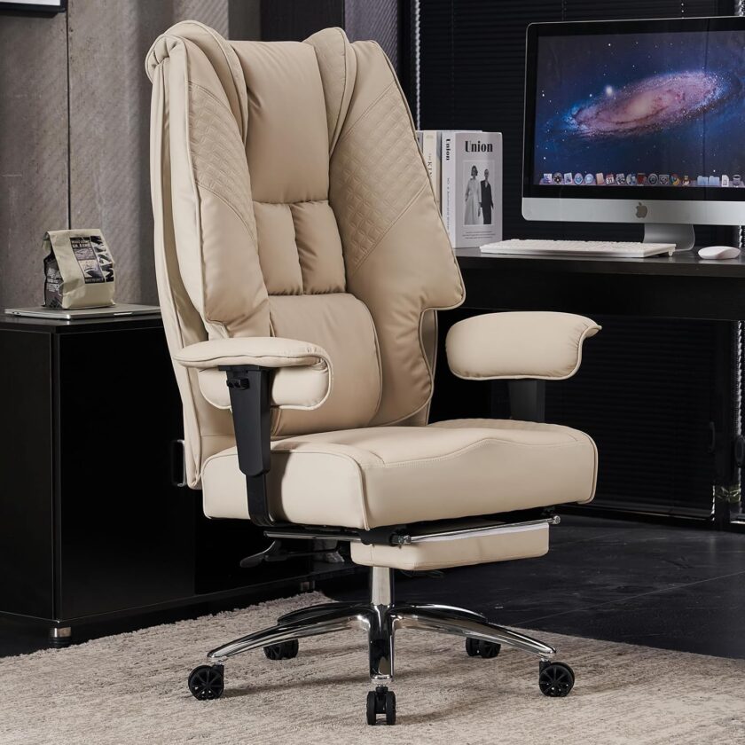 Large Tall Office Chair 400 lbs Wide Seat, Leather High Back Executive Office Chair with Footrest, Ergonomic Office Chair Lumbar Support to Relieve Lower Back Pain (Beige) - Image 4