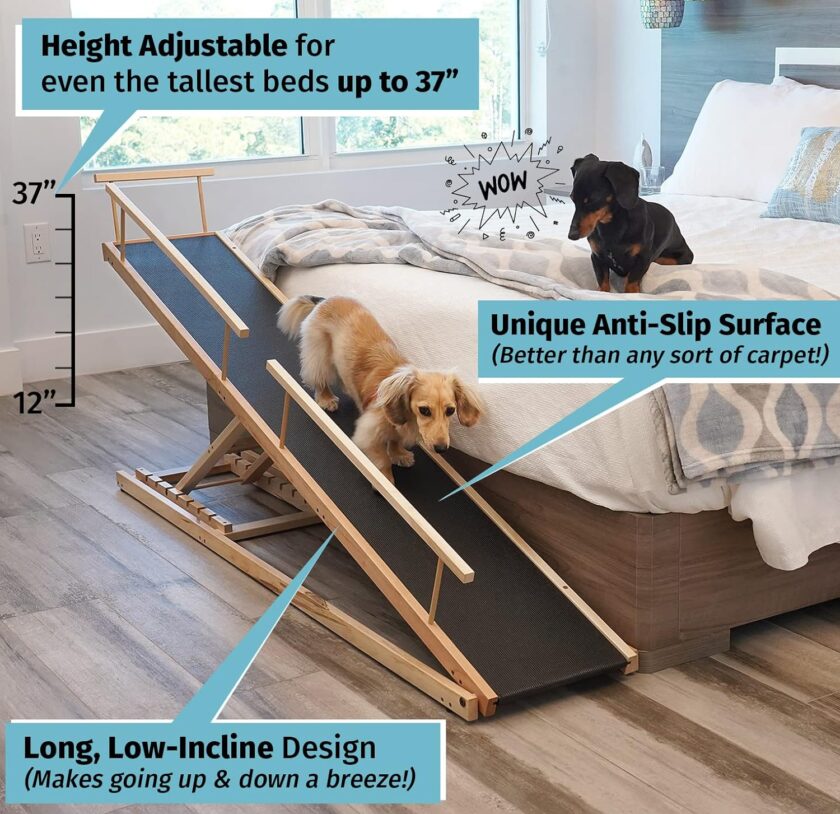 Dog Ramp for Beds - Adjustable up to 37" High Beds with Low Incline, Safety Rails & Anti-Slip Grip, for Small Dogs up to 50lbs - Solid Hardwood, Made in North America - Image 2