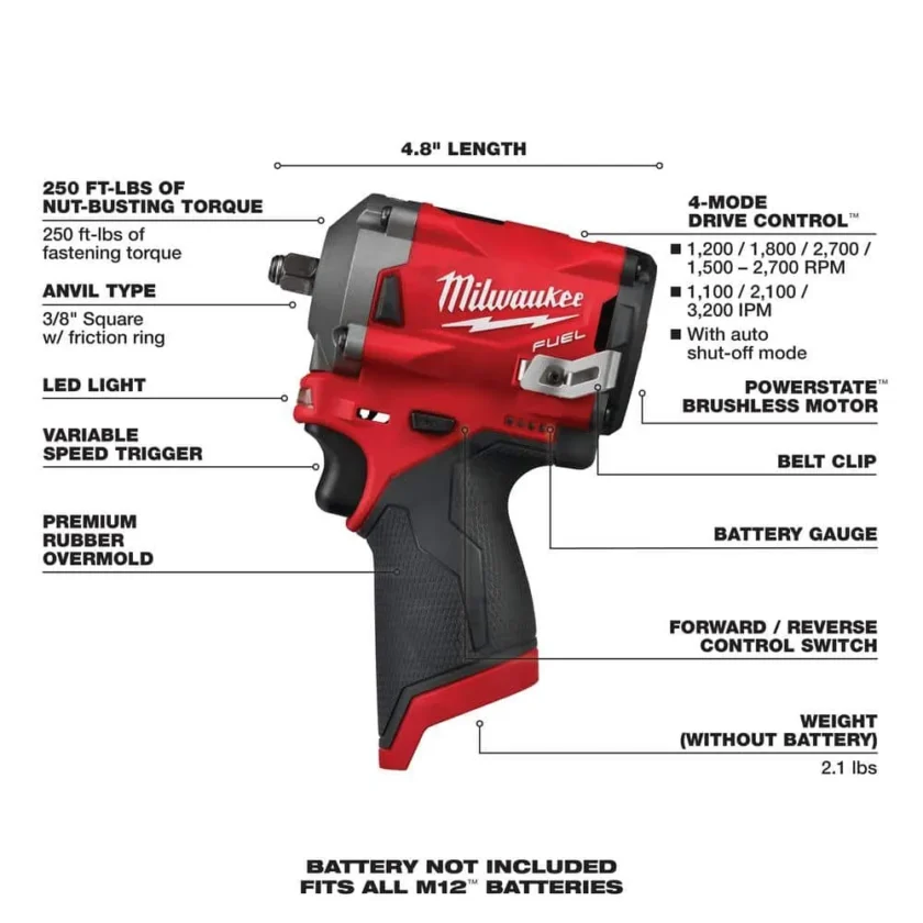 M12 FUEL 12V Lithium-Ion Brushless Cordless Stubby 3/8 in. Impact Wrench (Tool-Only) 2554-20 - Image 4