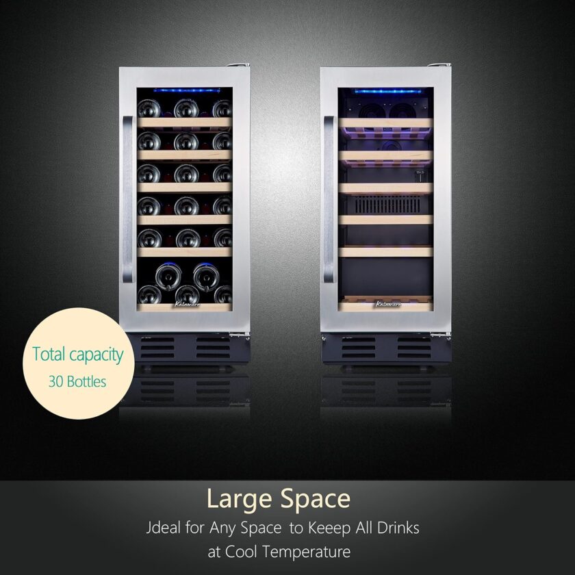 24 inch Wine Cooler, 46 Bottle - Dual Zone Built-in or Freestanding Fridge with Stainless Steel Reversible Glass Door, for Home, Kitchen, or Office. - Image 8