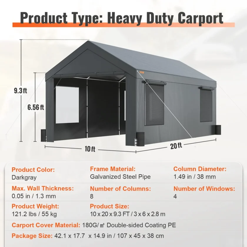 VEVOR Carport 10x20ft, Car Canopy Portable Garage - Image 4