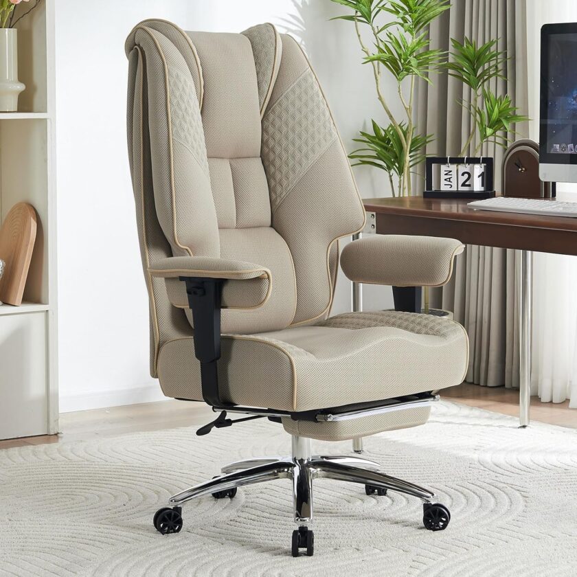 Large Tall Office Chair 400 lbs Wide Seat, Leather High Back Executive Office Chair with Footrest, Ergonomic Office Chair Lumbar Support to Relieve Lower Back Pain (Beige) - Image 6