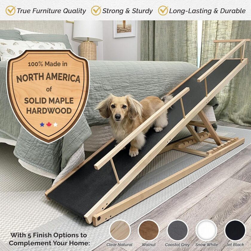 Dog Ramp for Beds - Adjustable up to 37" High Beds with Low Incline, Safety Rails & Anti-Slip Grip, for Small Dogs up to 50lbs - Solid Hardwood, Made in North America - Image 4