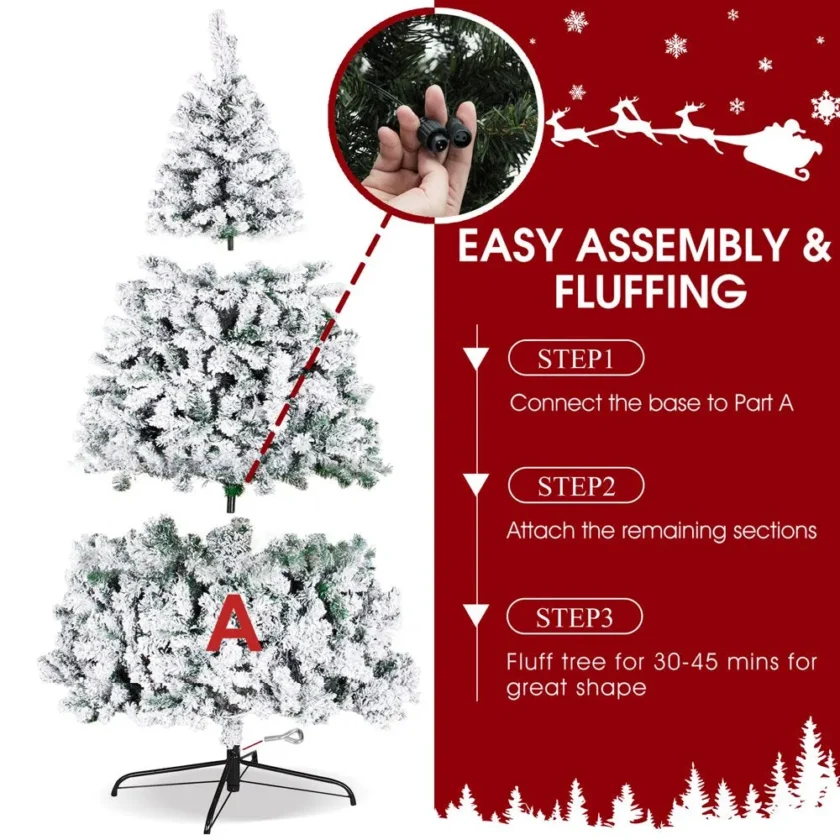 iFanze 6ft Pre-Lit Snow Flocked Christmas Tree with 1000 Tips 250 Warm Lights, Hinged Artificial Holiday Xmas Pine Tree - Image 12