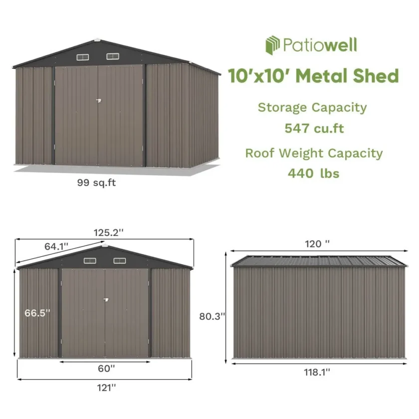 Patiowell 10 x 10 ft Outdoor Storage Metal Shed with Sloping Roof and Double Lockable Door - Image 6