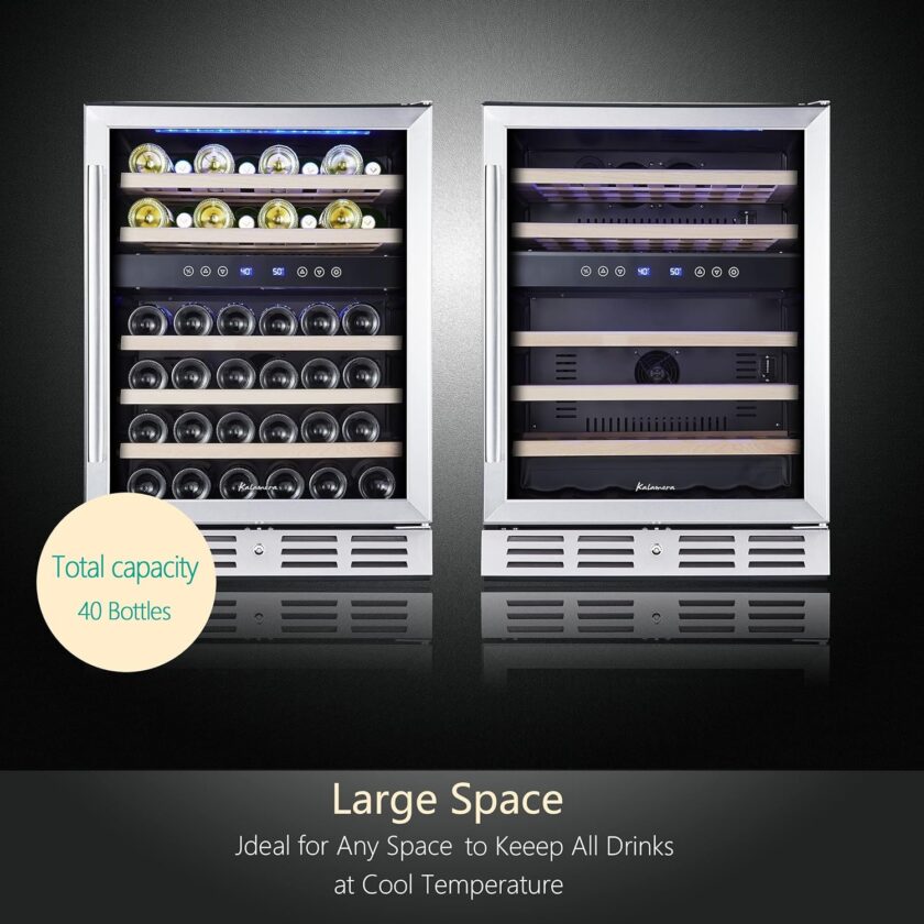 24 inch Wine Cooler, 46 Bottle - Dual Zone Built-in or Freestanding Fridge with Stainless Steel Reversible Glass Door, for Home, Kitchen, or Office. - Image 38