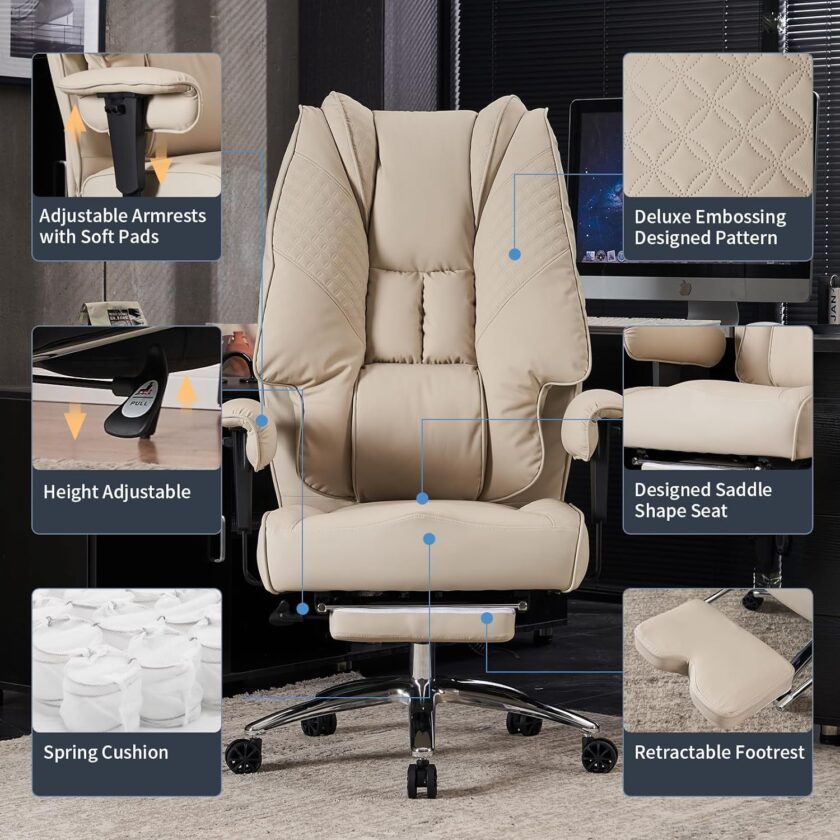 Large Tall Office Chair 400 lbs Wide Seat, Leather High Back Executive Office Chair with Footrest, Ergonomic Office Chair Lumbar Support to Relieve Lower Back Pain (Beige) - Image 16