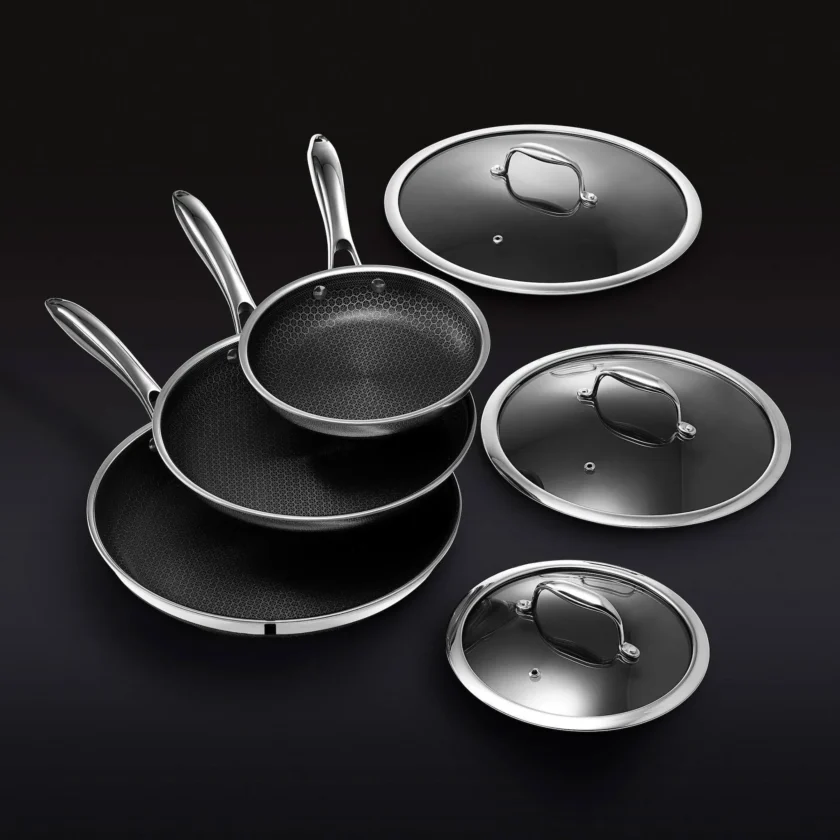 HexClad 6 Piece Hybrid Stainless Steel Cookware Pan Set 8 inch, 10 inch, 12 inch with Glass Lids, Size: One size, Black