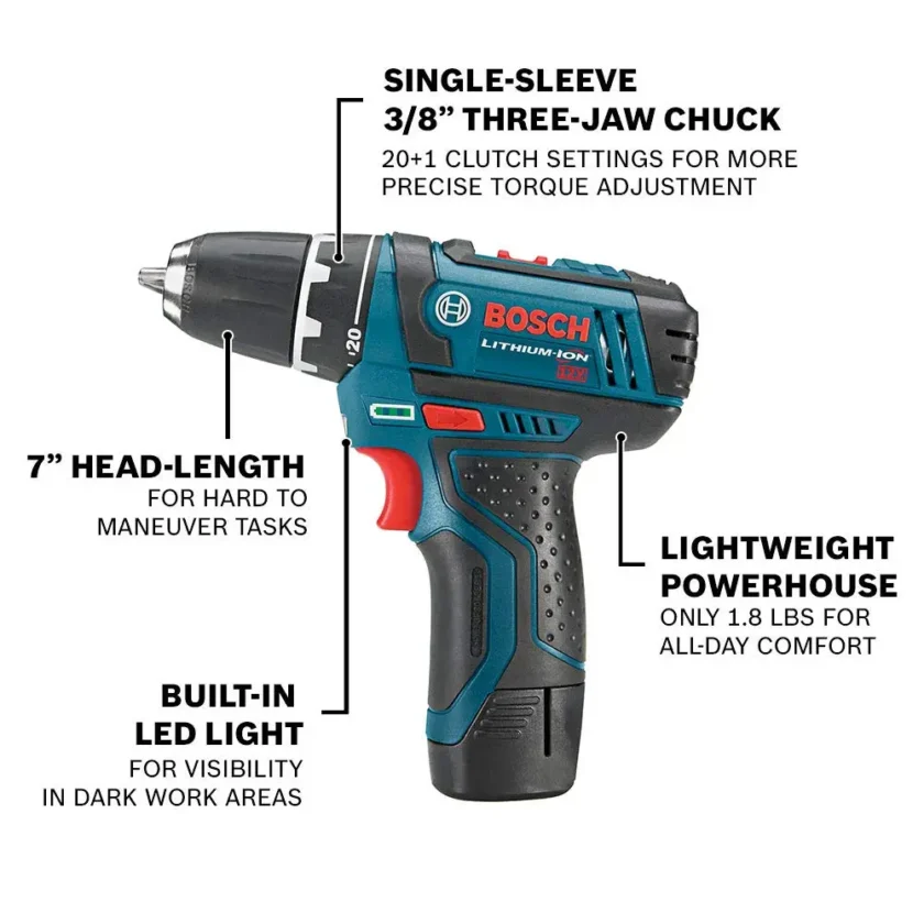 BOSCH CLPK22-120 12V Max Cordless 2-Tool 3/8 in. Drill/Driver and 1/4 in. Impact Driver Combo Kit with 2 Batteries, Charger and Case,Blue - Image 48