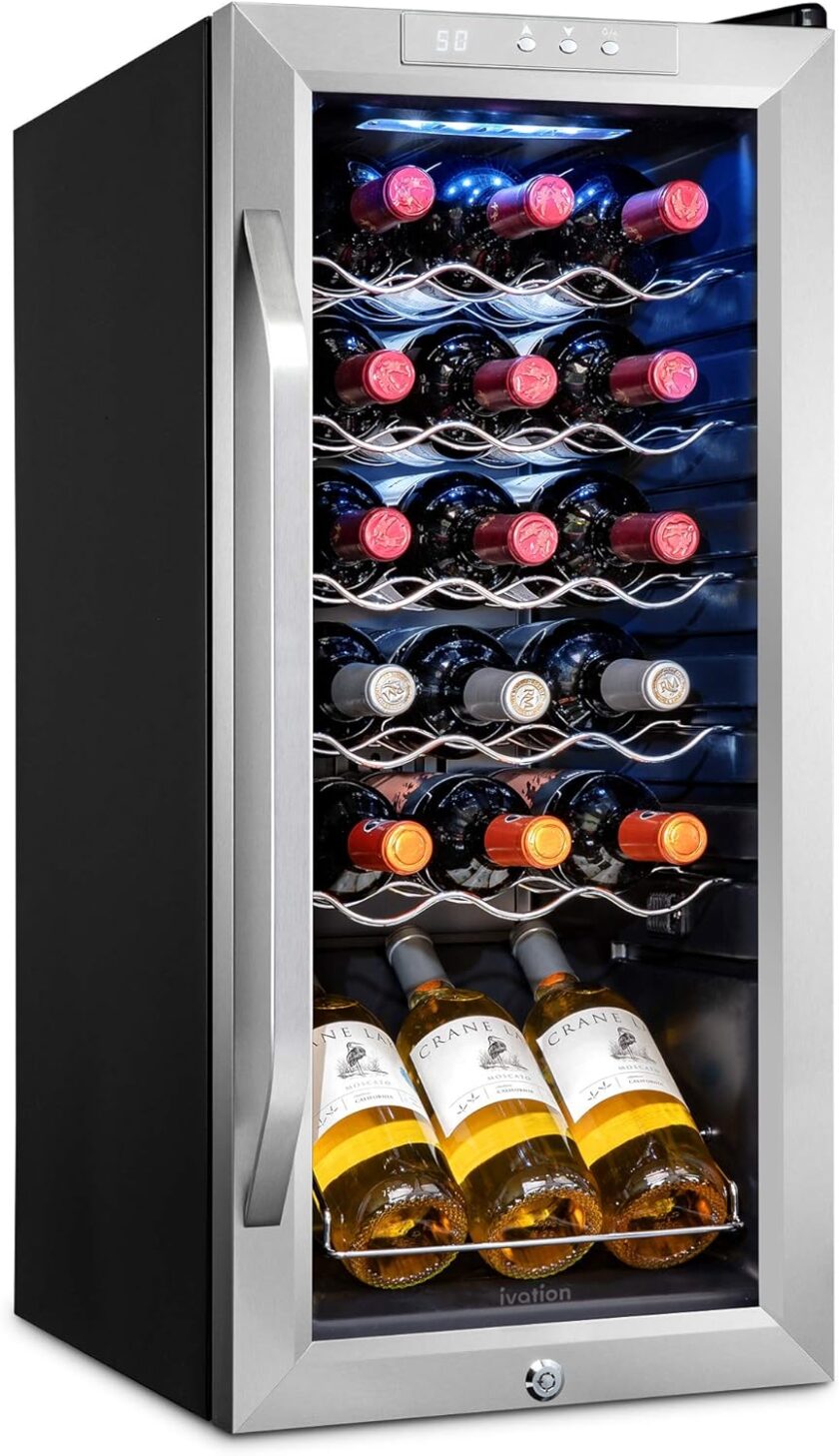 18 Bottle Compressor Wine Cooler Refrigerator w/Lock, Large Freestanding Wine Cellar For Red, White, Champagne or Sparkling Wine, 41f-64f Digital Temperature Control Fridge Glass Door Black