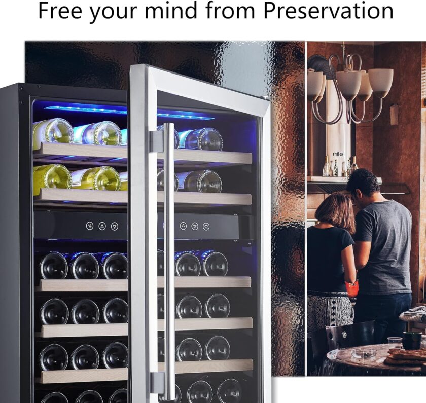 24 inch Wine Cooler, 46 Bottle - Dual Zone Built-in or Freestanding Fridge with Stainless Steel Reversible Glass Door, for Home, Kitchen, or Office. - Image 35