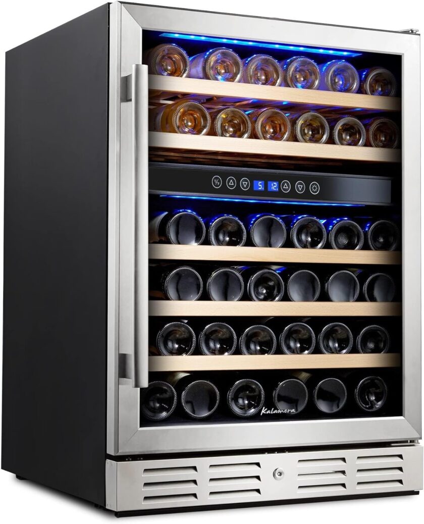 24 inch Wine Cooler, 46 Bottle - Dual Zone Built-in or Freestanding Fridge with Stainless Steel Reversible Glass Door, for Home, Kitchen, or Office. - Image 7