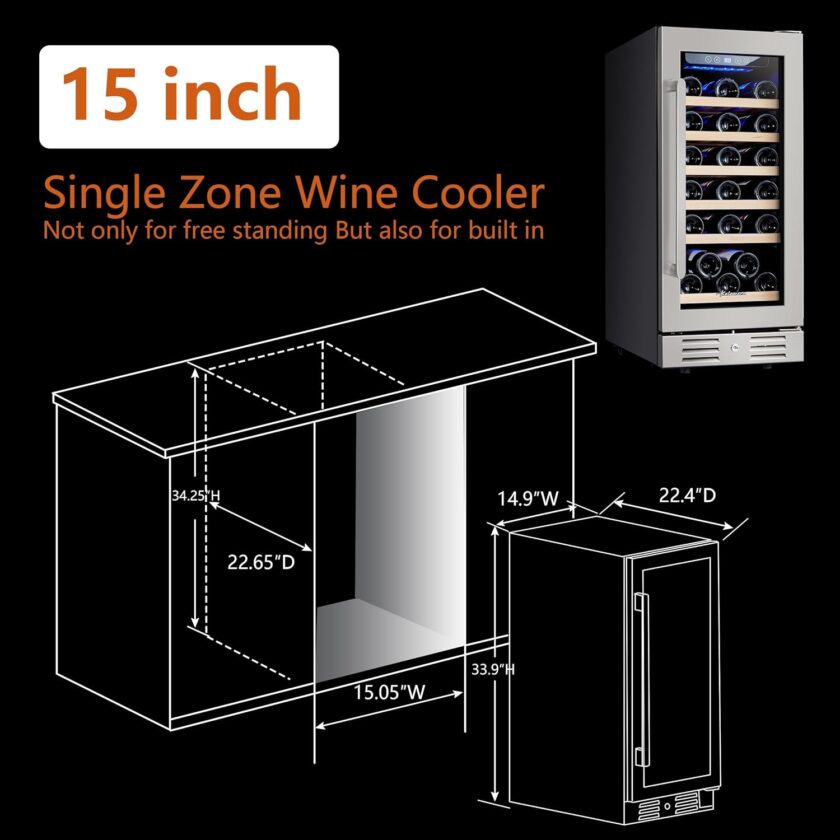 24 inch Wine Cooler, 46 Bottle - Dual Zone Built-in or Freestanding Fridge with Stainless Steel Reversible Glass Door, for Home, Kitchen, or Office. - Image 3