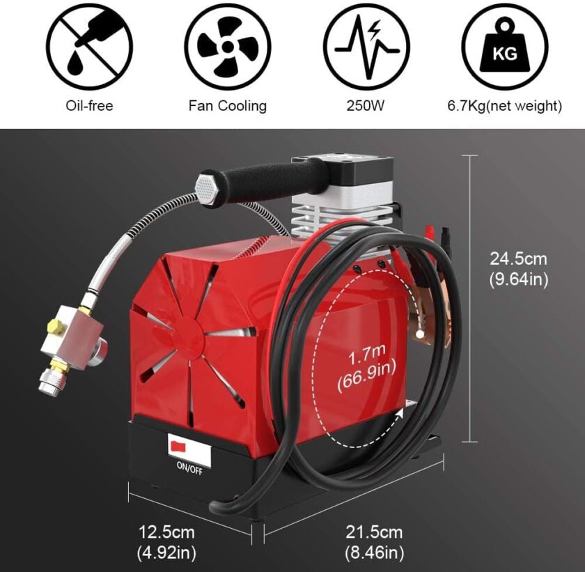 CS2 Portable PCP Air Compressor, 4500Psi/30Mpa, Oil-Free,Powered by Car 12V DC or Home 110V AC with Adapter (Included), Paintball Tank Compressor with Extra Moisture-Oil Separator - Image 5