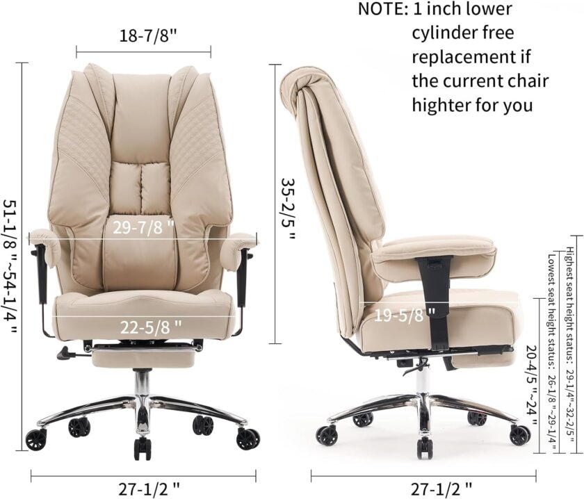 Large Tall Office Chair 400 lbs Wide Seat, Leather High Back Executive Office Chair with Footrest, Ergonomic Office Chair Lumbar Support to Relieve Lower Back Pain (Beige) - Image 15