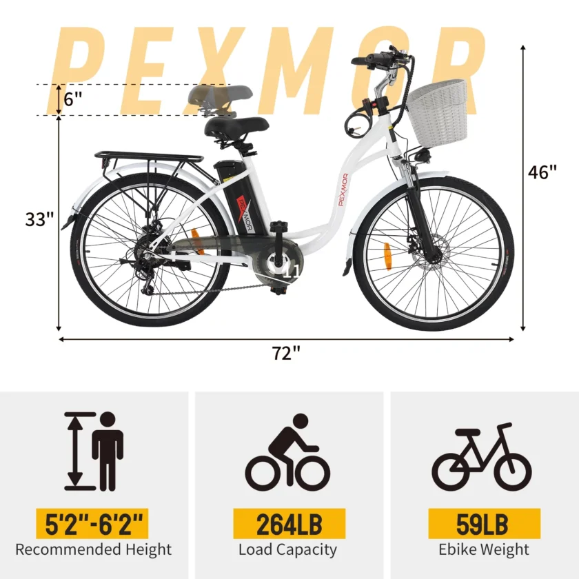 PEXMOR Electric Bike for Adults, 350W (Peak 500W) City Commuter Ebike 36V 12.5AH Removable Battery, 26" Cruiser Electric Bicycle Shimano 6-Speed | Dual Shock Absorber | Basket - Image 8