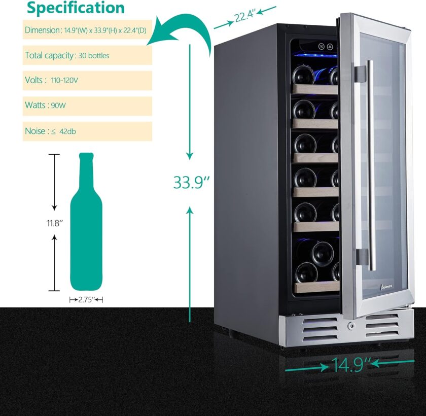 24 inch Wine Cooler, 46 Bottle - Dual Zone Built-in or Freestanding Fridge with Stainless Steel Reversible Glass Door, for Home, Kitchen, or Office. - Image 14