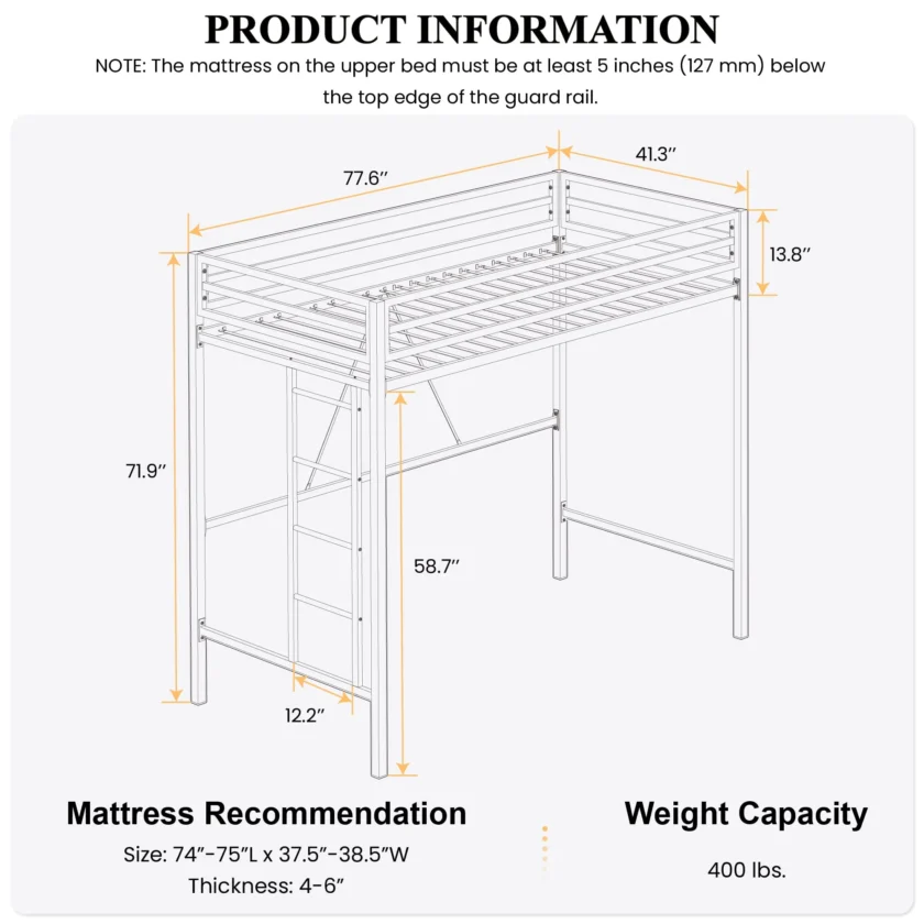 SHA CERLIN Junior Loft Bed Twin Size, Heavy Duty Twin Bed Frame - Image 7