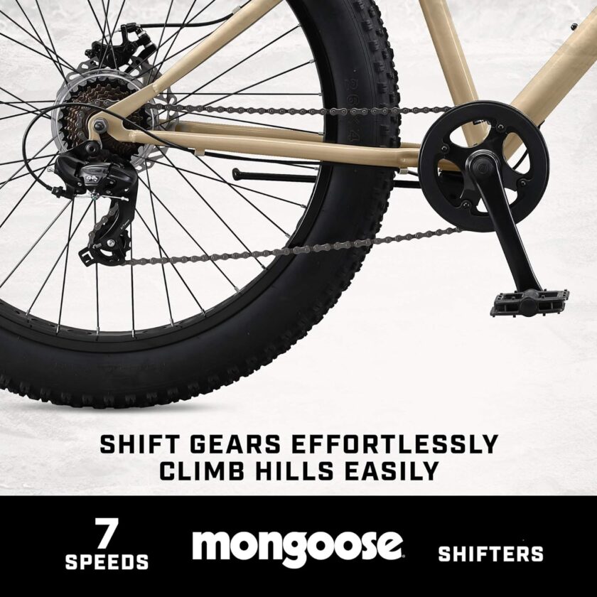 Mongoose Malus Mens and Women Fat Tire Mountain Bike, 26-Inch Bicycle Wheels, 4-Inch Wide Knobby Tires, Steel Frame, 7 Speed Drivetrain, Shimano Rear Derailleur, Disc Brakes - Image 8