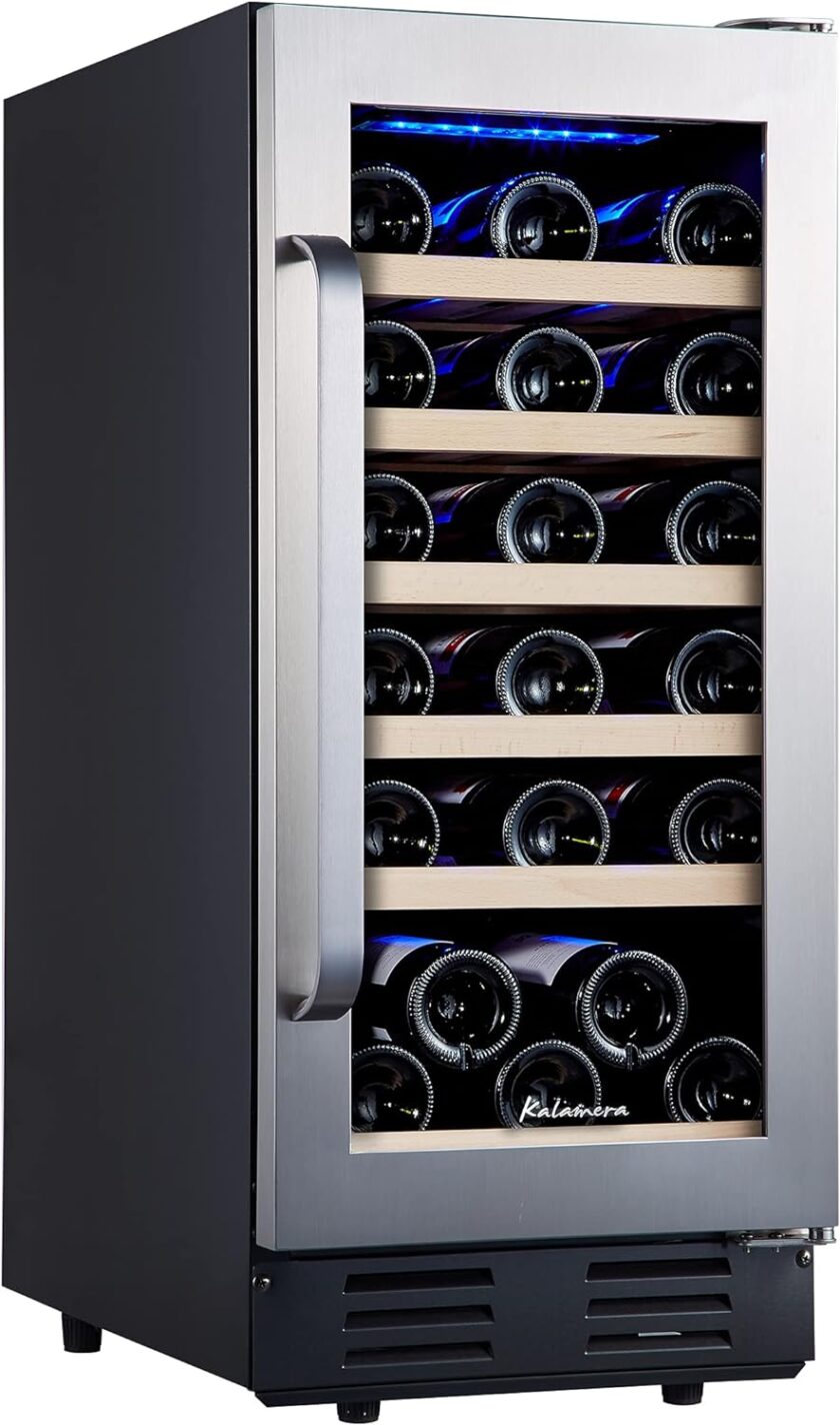 24 inch Wine Cooler, 46 Bottle - Dual Zone Built-in or Freestanding Fridge with Stainless Steel Reversible Glass Door, for Home, Kitchen, or Office.