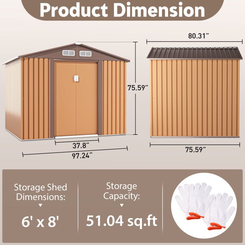 JAXPETY Sheds & Outdoor Storage 6x8 FT Garden Shed Tool Metal Outdoor Storage Shed with Sliding Doors for Backyard, Patio Coffee - Image 6