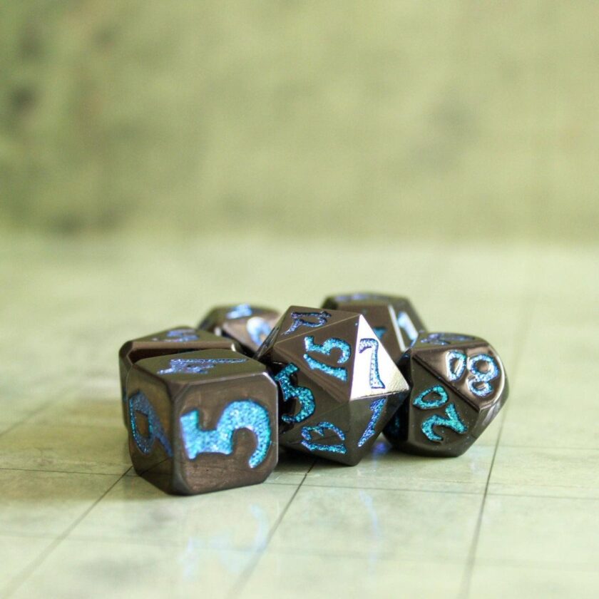 Black Metal with Blue Glitter Dice Set - Image 3