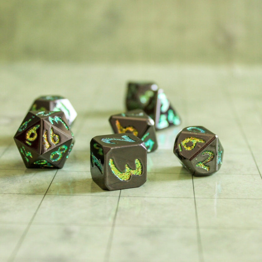 Black Metal with Yellow Glitter Dice Set