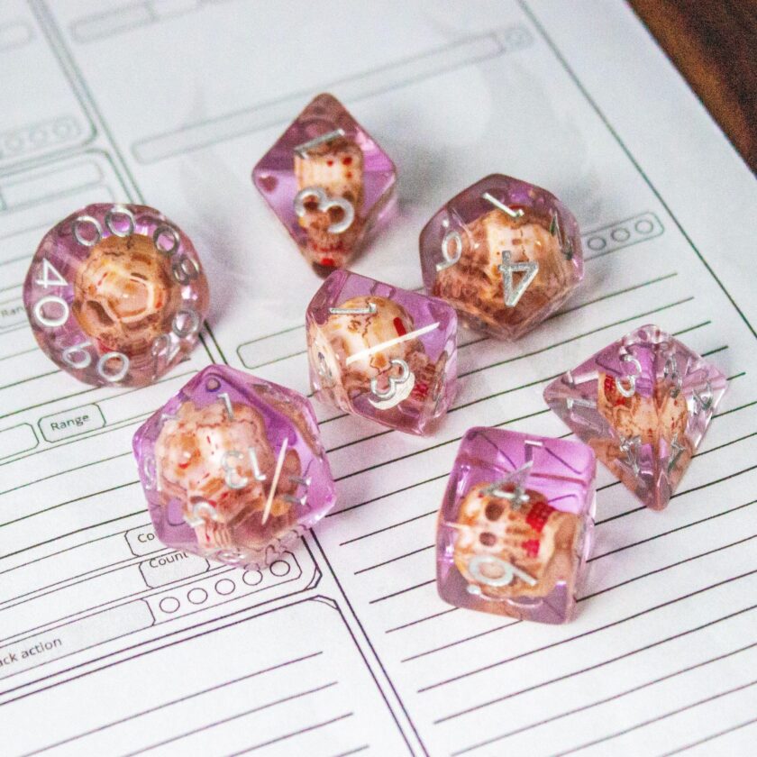 Tranparent Pink Skull Dice Set - Image 7