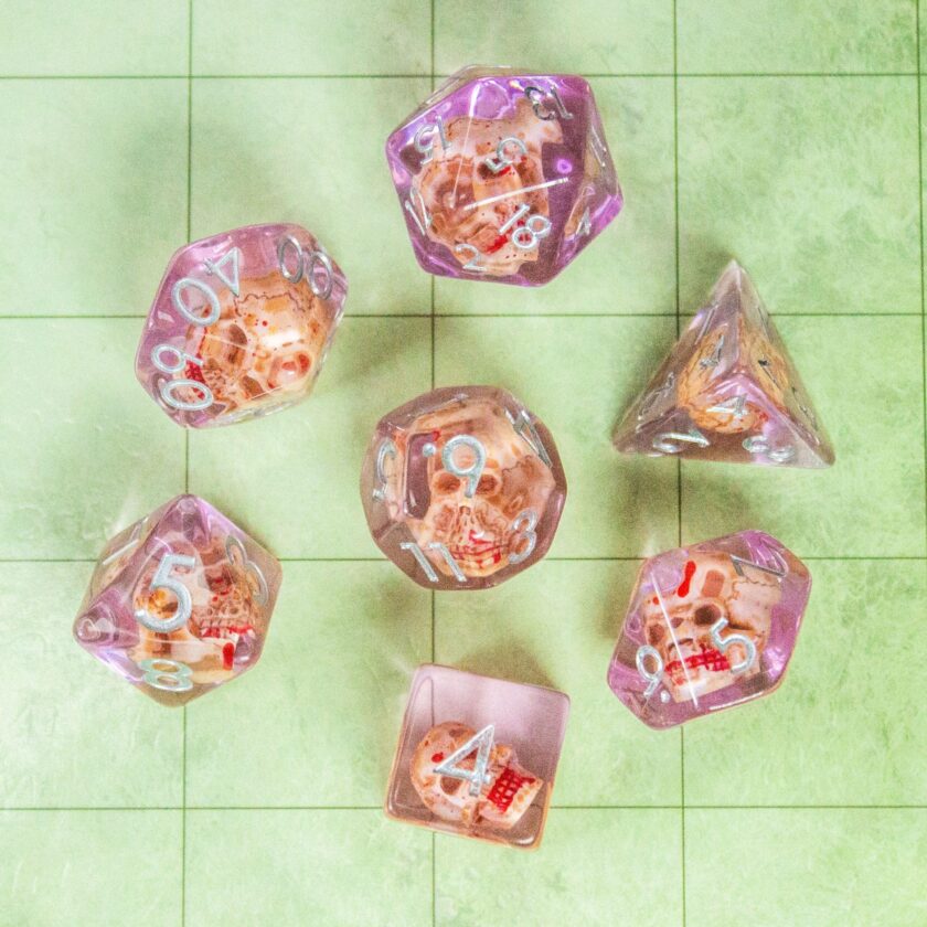 Tranparent Pink Skull Dice Set - Image 2