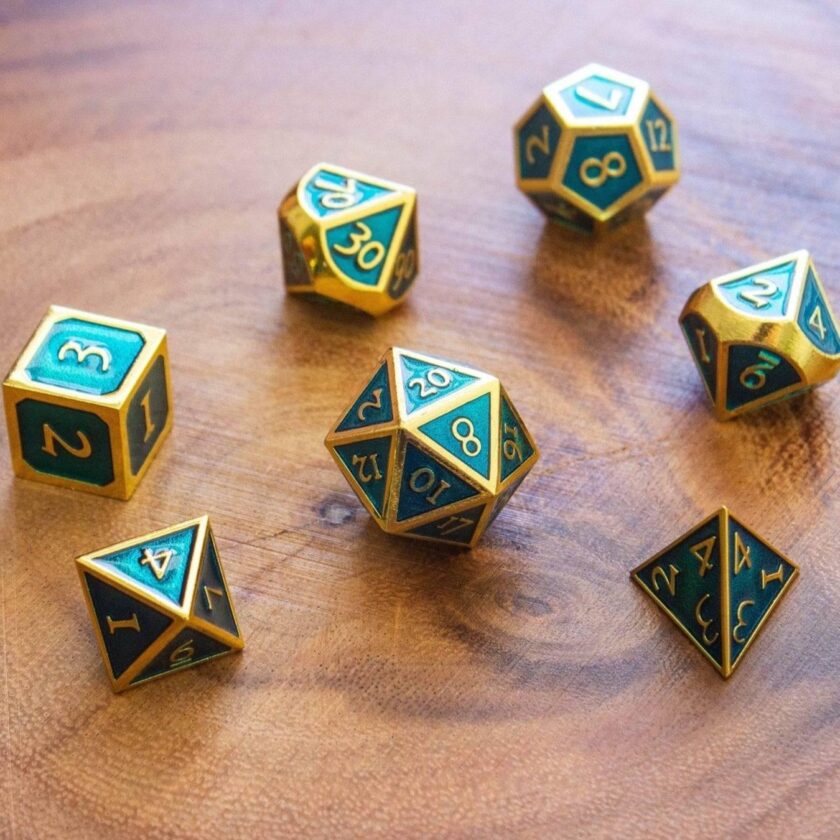 Blue and Gold Metal Dice Set