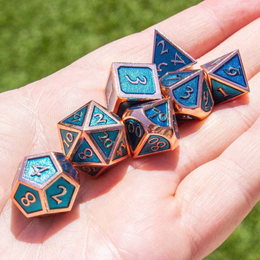 Blue and Rose Gold Metal Dice Set - Image 2