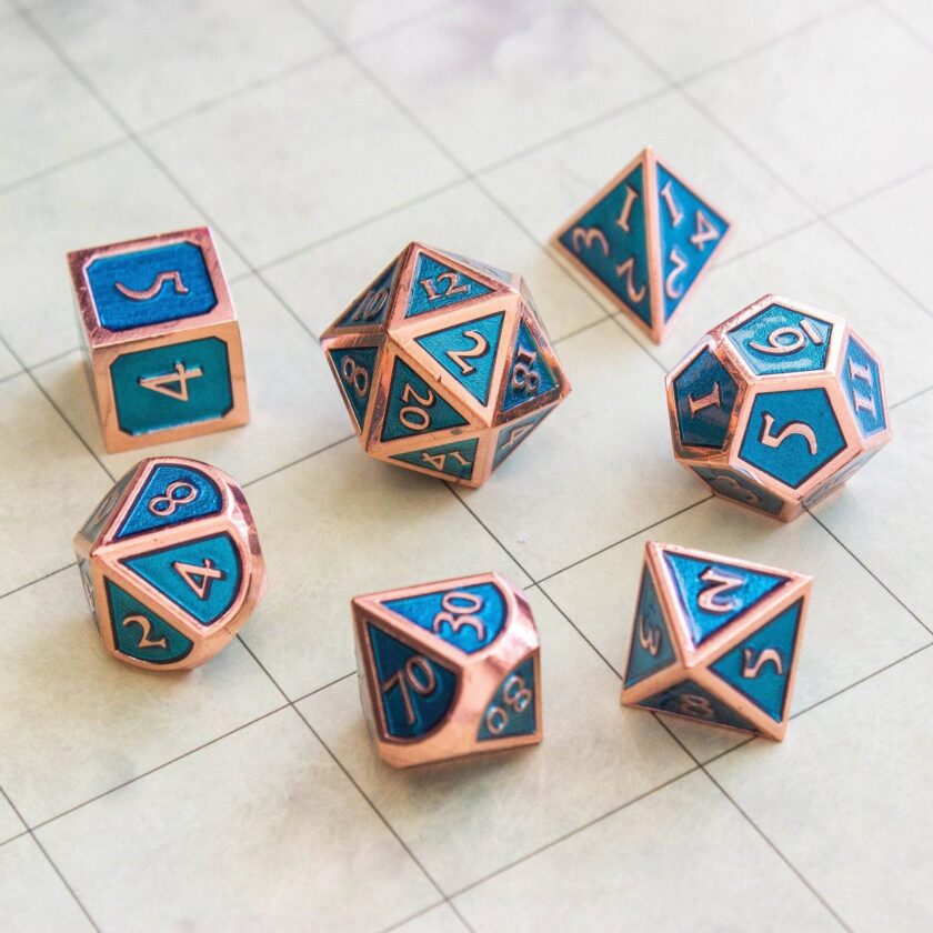 Blue and Rose Gold Metal Dice Set