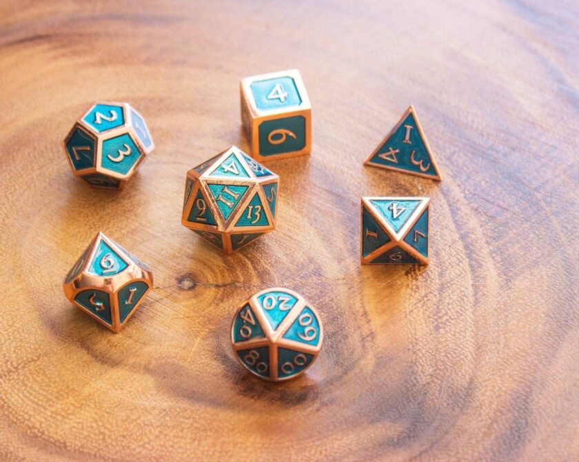 Blue and Rose Gold Metal Dice Set - Image 3