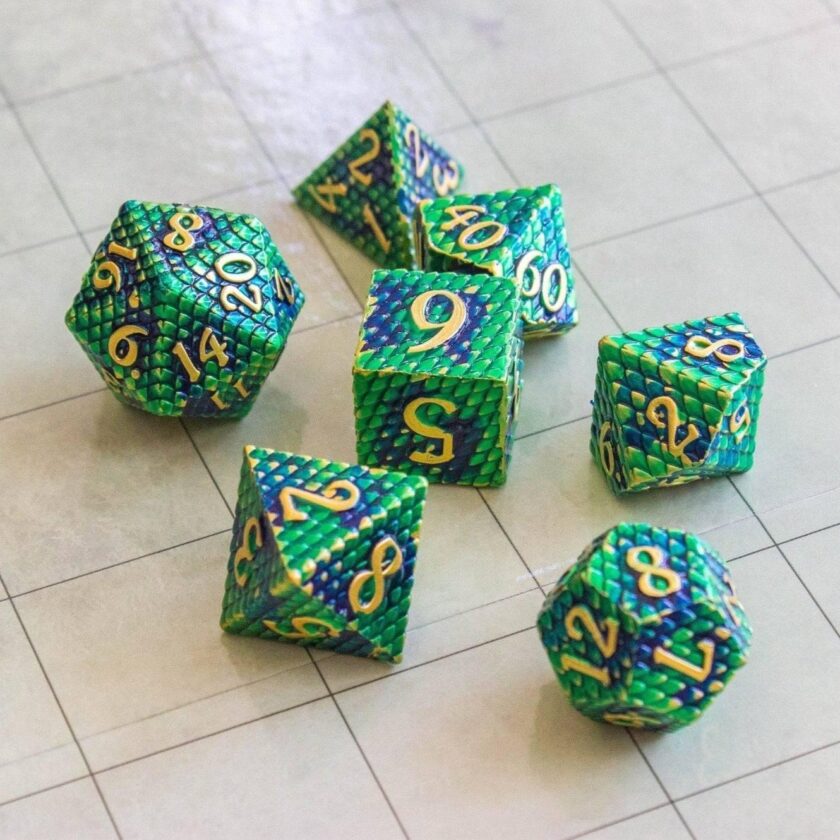 Green Blue Dragon Scale Metal Dice Set - Image 2