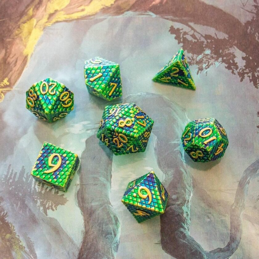 Green Blue Dragon Scale Metal Dice Set - Image 3