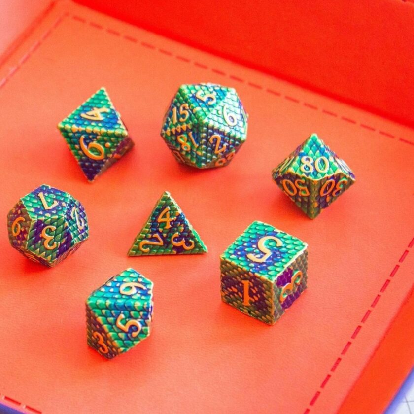 Green Blue Dragon Scale Metal Dice Set - Image 4