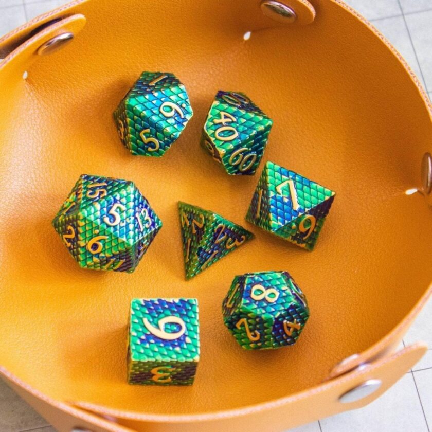 Green Blue Dragon Scale Metal Dice Set - Image 5