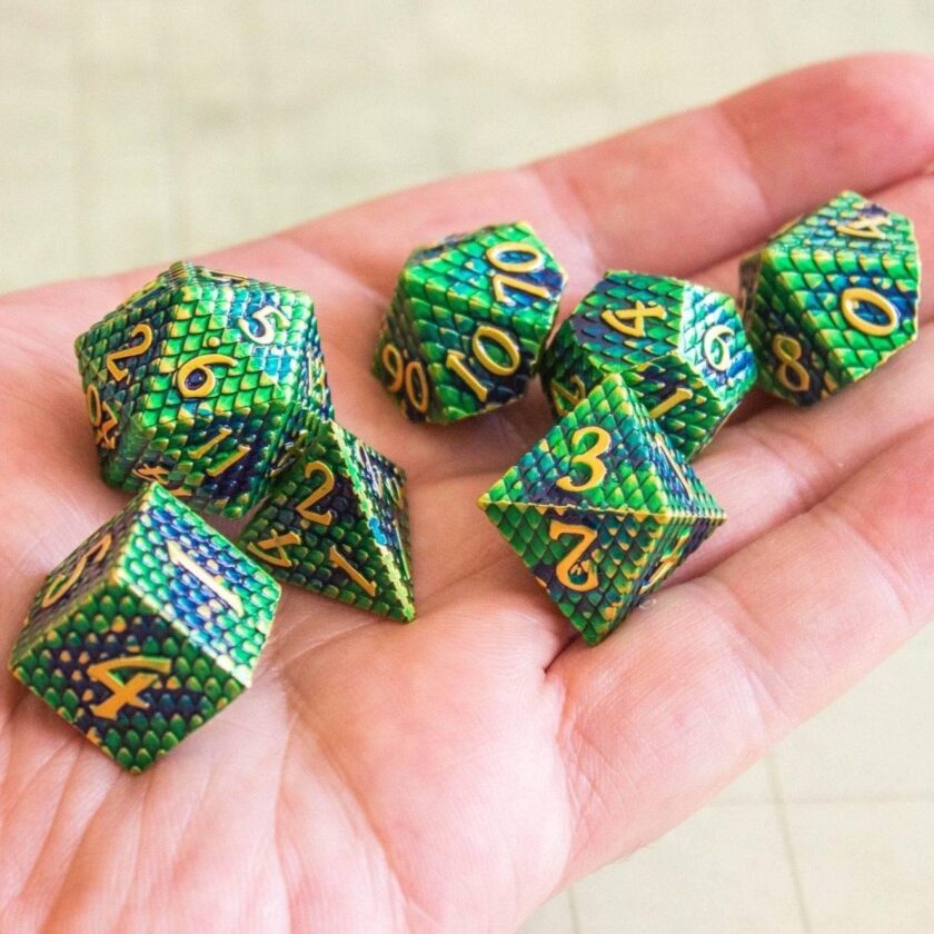 Green Blue Dragon Scale Metal Dice Set - Image 6