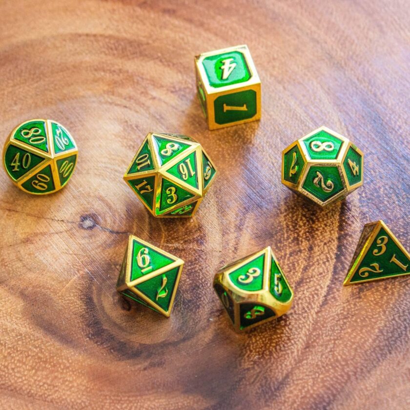 Green and Gold Metal Dice Set - Image 2